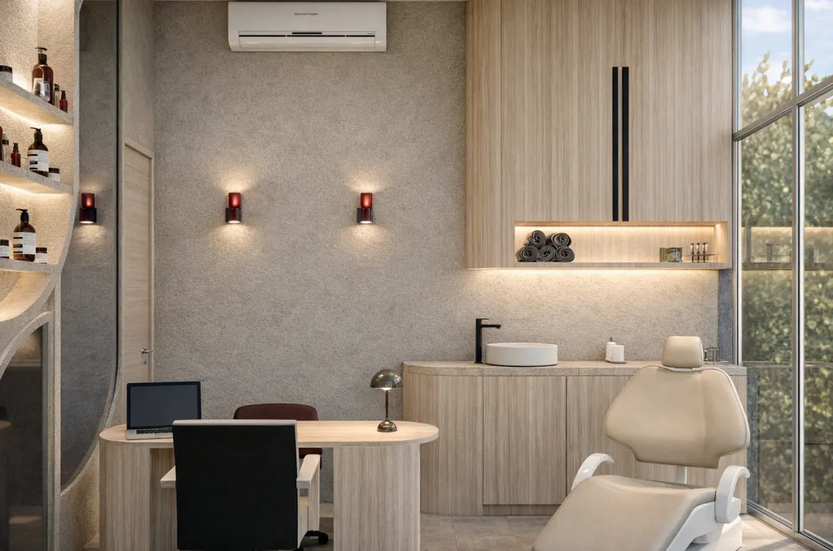 Imagen ilustrativa de la sala de atención con escritorio, lavatorio y sillón de procedimientos